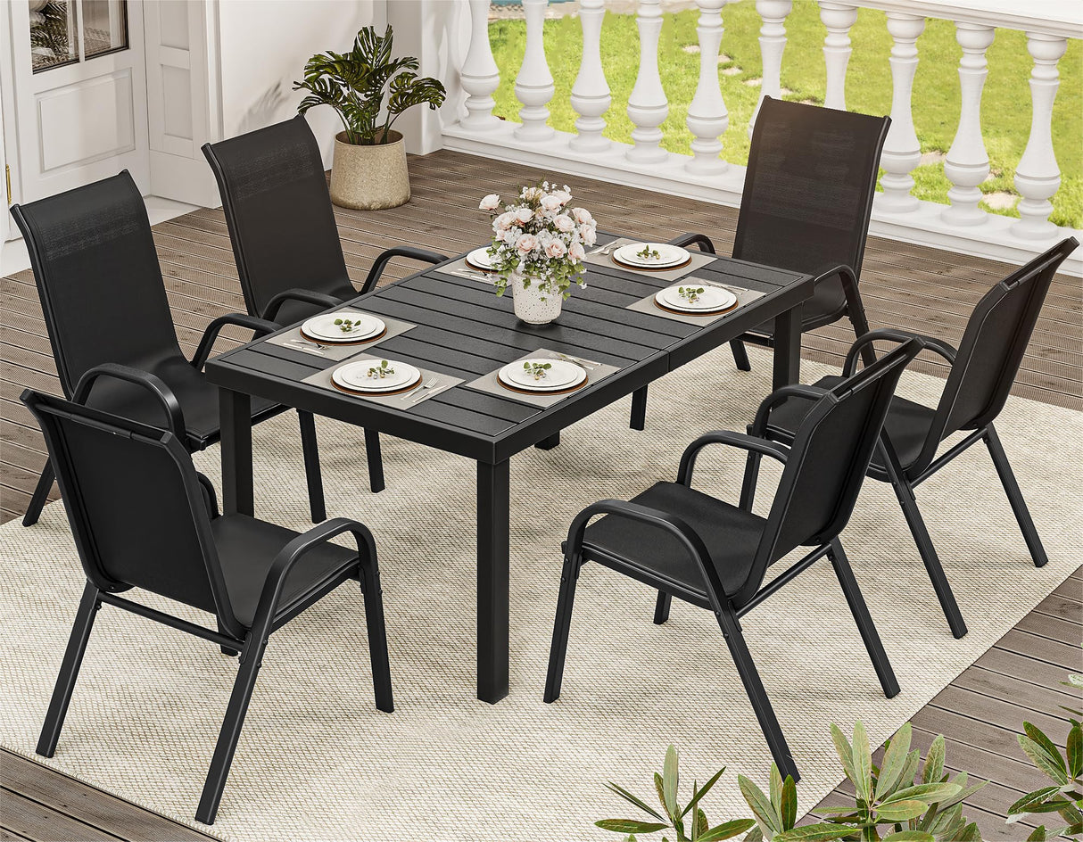 YITAHOME Stackable Patio Dining Set for 6, Breathable Outdoor Dining Set w/55 Aluminum Patio Table & 6 Stackable Patio Chairs Set, All Weather Outdoor Patio Dining Set for Backyard Deck Porch, Black YITAHOME