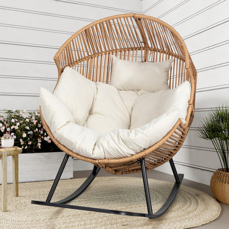 Shintenchi Wicker Egg Chair,Oversized Outdoor Indoor Rocking Chair,Large PE Rattan Rocking Chair with Cushion for Patio, Balcony, Backyard, Garden, Beige Shintenchi