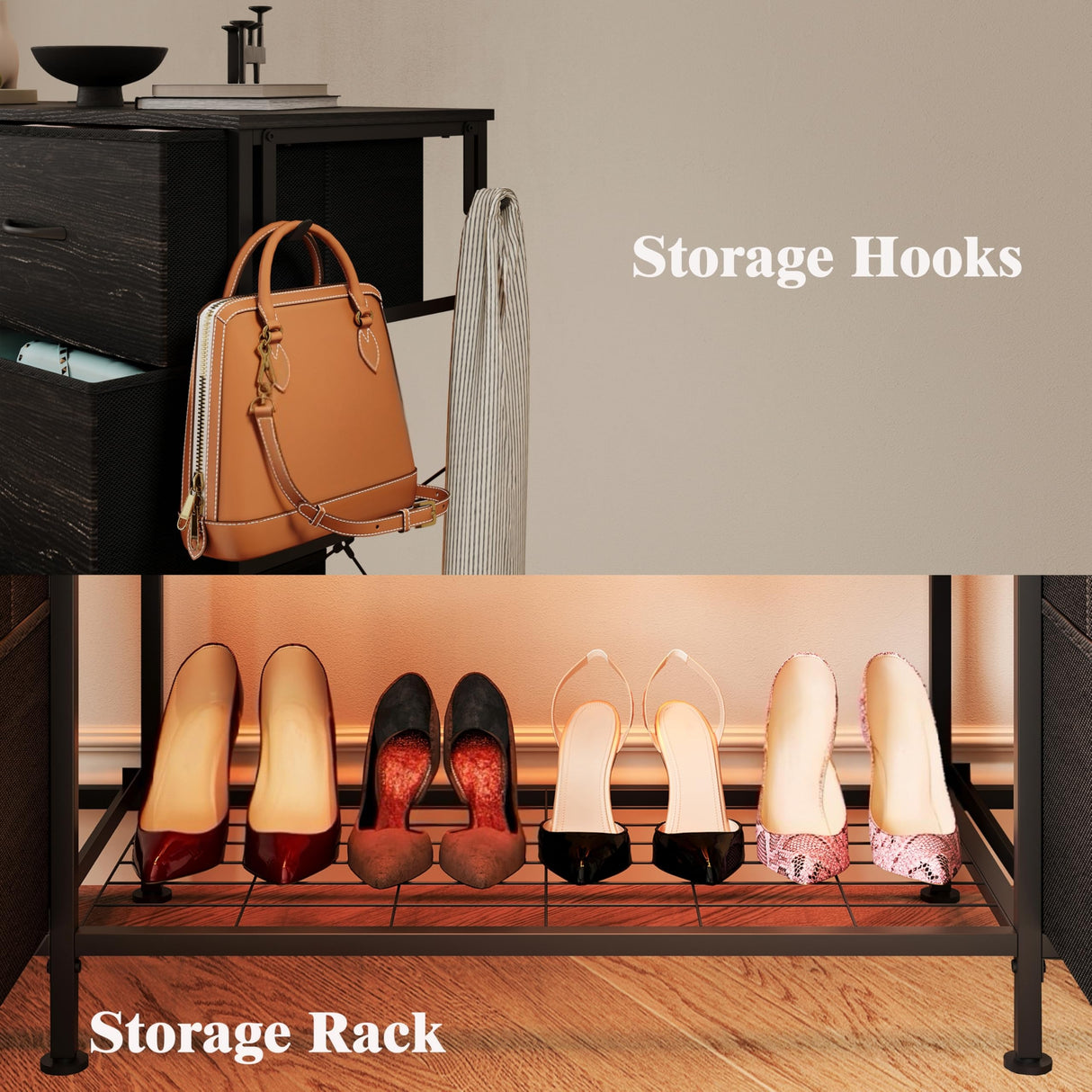 LUMTOK 55" W 2-in-1 Dresser with Hanging Rack, 10 Drawers Dresser for Bedroom,Dressers with Fabric Drawers,LED Lights, Charging Station and Hanging Racks for Bedroom LUMTOK