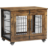 Lulive Small Dog Crate Furniture, Dog Kennel Indoor Double Doors Wooden Dog Cage, 27.1'' Heavy Duty Dog Crate with Cushion & Wheels, Decorative End Table Pet House Chew-Resistant for Small Dogs, Brown Lulive
