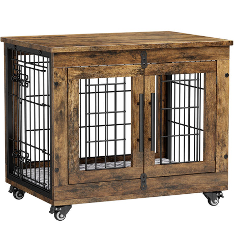 Lulive Small Dog Crate Furniture, Dog Kennel Indoor Double Doors Wooden Dog Cage, 27.1'' Heavy Duty Dog Crate with Cushion & Wheels, Decorative End Table Pet House Chew-Resistant for Small Dogs, Brown Lulive