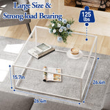 Glass Coffee Table Square Coffee Table for Small Space,Modern Minimalist Center Table for Living Room Home Office,Tempered Glass-top with Sturdy Metal Frame,Easy Assembly,27 x 27In, White Easy Paws