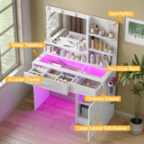 HuaYing White Vanity Desk with Mirror and Lights, Vanitys with Glass Top & Power Outlet, Dressing Table with 36 Lighting Modes Brightness Adjustable RGB Drawers, for Women Girls Bedroom HuaYing