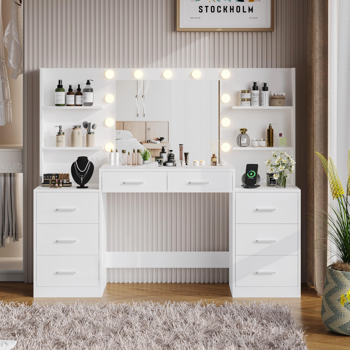 Irontar Makeup Vanity Table with Mirror & Lights, Vanity Desk with Power Strip, Large Drawer & Six Open Storage Dresser, 3 Lighting Modes Adjustable Brightness, Dressing Table, White WDT006W Irontar