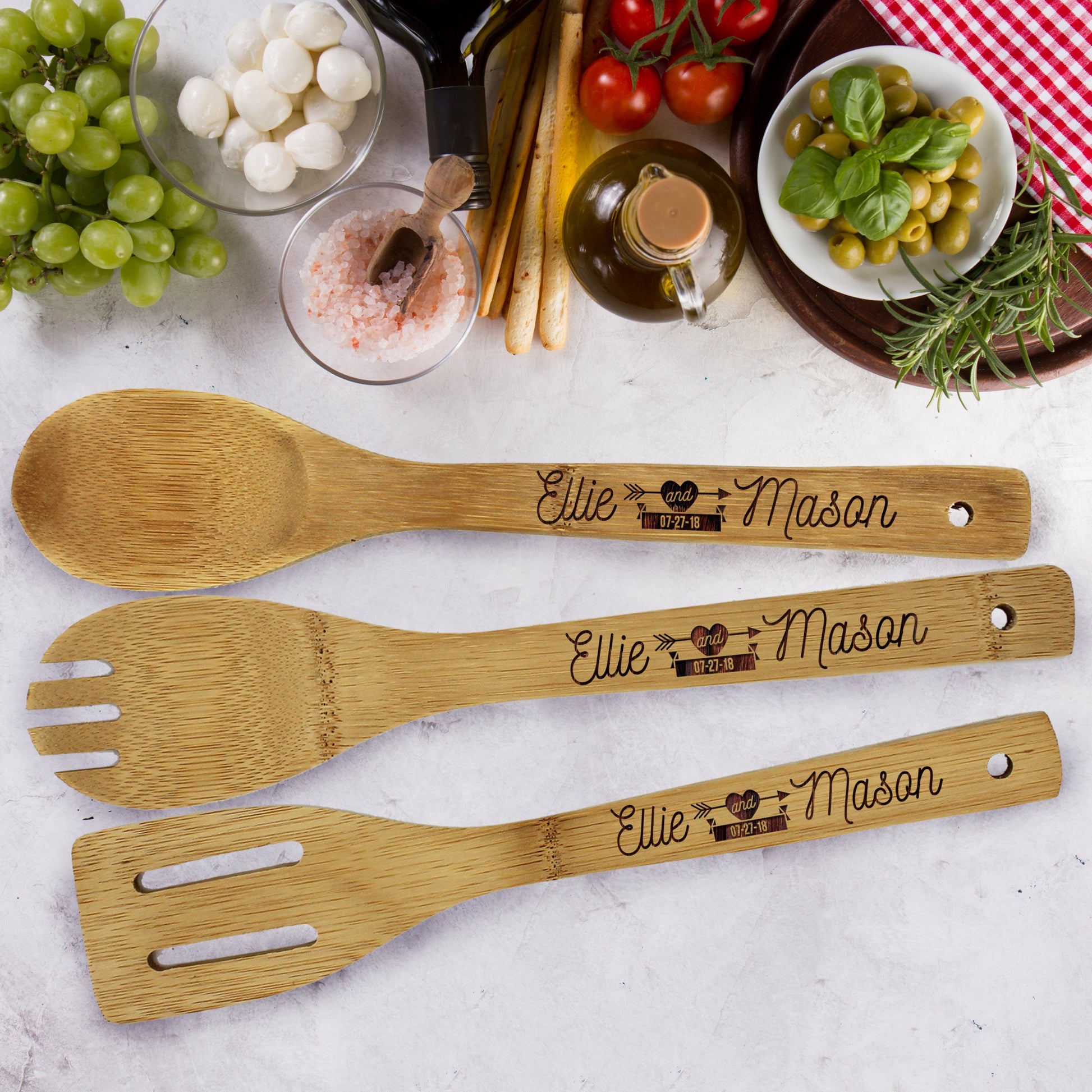 Custom Personalized Wooden Bamboo Kitchen Utensil Set - Engraved Spoon, Spatula, Spork - Housewarming Couples Gifts - WoodArtSupply