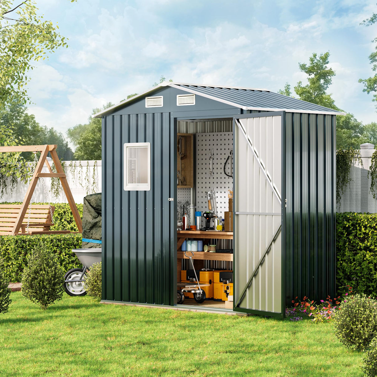 MistMo 6X4X6.5 FT Compact Vertical Outdoor Steel Storage Shed with Lockable Doors, Ideal for Garden, Backyard, and Patio Utility and Small Tool Storage,Bike Shed, Garbage Can, Chicken Coop Mistmo