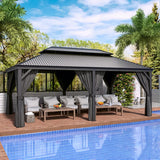 HAPPATIO 12' x 20' Hardtop Gazebo, Outdoor Aluminum Frame Gazebo with Galvanized Steel, Double Roof Permanent Patio Metal Gazebo Canopy with Netting and Curtains for Backyard, Patio, Deck (Gray) HAPPATIO