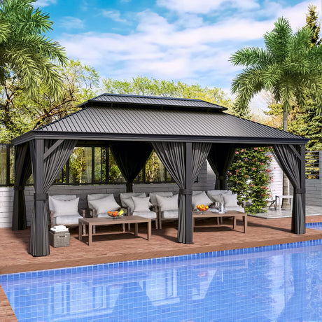 HAPPATIO 12' x 20' Hardtop Gazebo, Outdoor Aluminum Frame Gazebo with Galvanized Steel, Double Roof Permanent Patio Metal Gazebo Canopy with Netting and Curtains for Backyard, Patio, Deck (Gray) HAPPATIO
