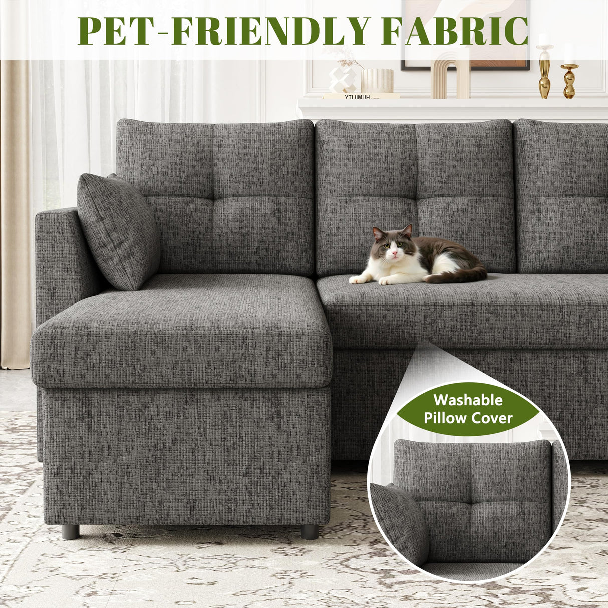 Huatean Home Oversized Sleeper Sofa Couch, 110 inch 2 in 1 Pullout Couch Bed with Double Storage Chaise, Sectional Sleeper Sofa Bed with Side Pocket for Living Room, Dark Grey Huatean Home