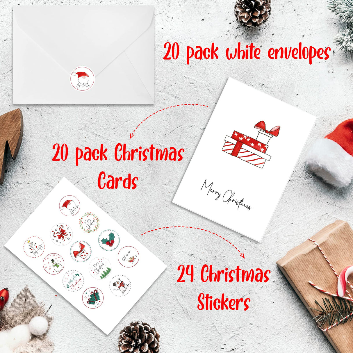 ZICOTO Beautiful Modern Christmas Cards Set of 20 - Incl. Bulk Envelopes, Matching Stickers And Storage Box - Perfect to Send Warm Holiday Wishes to Friends and Family ZICOTO