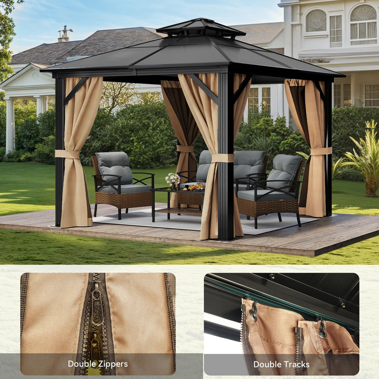YITAHOME 10X10FT Hardtop Gazebo Outdoor Polycarbonate Patio Double Top Canopy Galvanized Iron Aluminum Column Garden Tent Curtains Netting for Backyards Decks Lawns,Brown YITAHOME