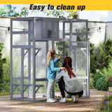 COZIWOW Upgraded Extra Large Cat Catio Equipped 4-Way Pet Door, Outdoor Wood Kitty Cage House with Insulation Condo, Patio Window Attach Cat Enclosure Playpen w/Weatherproof PVC Cover, Gray COZIWOW