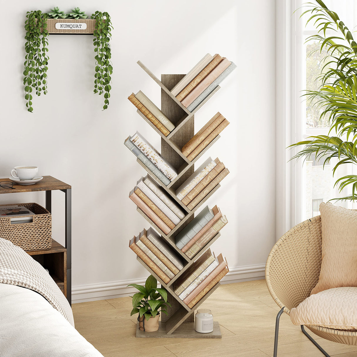 Hoctieon 10 Tier Tree Bookshelf, 10 Shelf Bookcase, Free Standing Tree Bookcase, Display Floor Standing Shelf for Books, Book Organizer Shelves for Home Office, Living Room, Bedroom, Greige Hoctieon