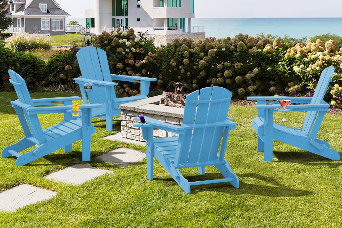 SERWALL Adirondack Chair with Cup Holders - Composite Adirondack Chairs HDPE Outdoor Chairs All Weather Use- Light Blue - WoodArtSupply