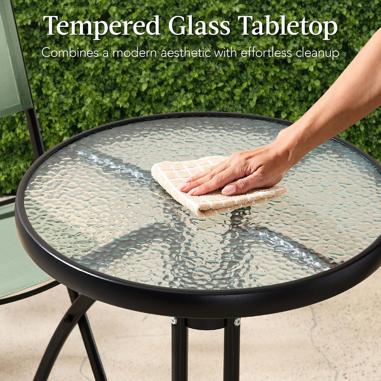 Best Choice Products 3-Piece Patio Bistro Dining Furniture Set w/Textured Glass Tabletop, 2 Steel Folding Chairs, Polyester Fabric - Sage Best Choice Products