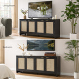SICOTAS TV Stand for Living Room Boho Entertainment Center for Bedroom with 4 Rattan Cabinets Farmhouse Television Stands with Storage Large Media Console Table for TVs up to 45 50 55 60 65 Inch SICOTAS