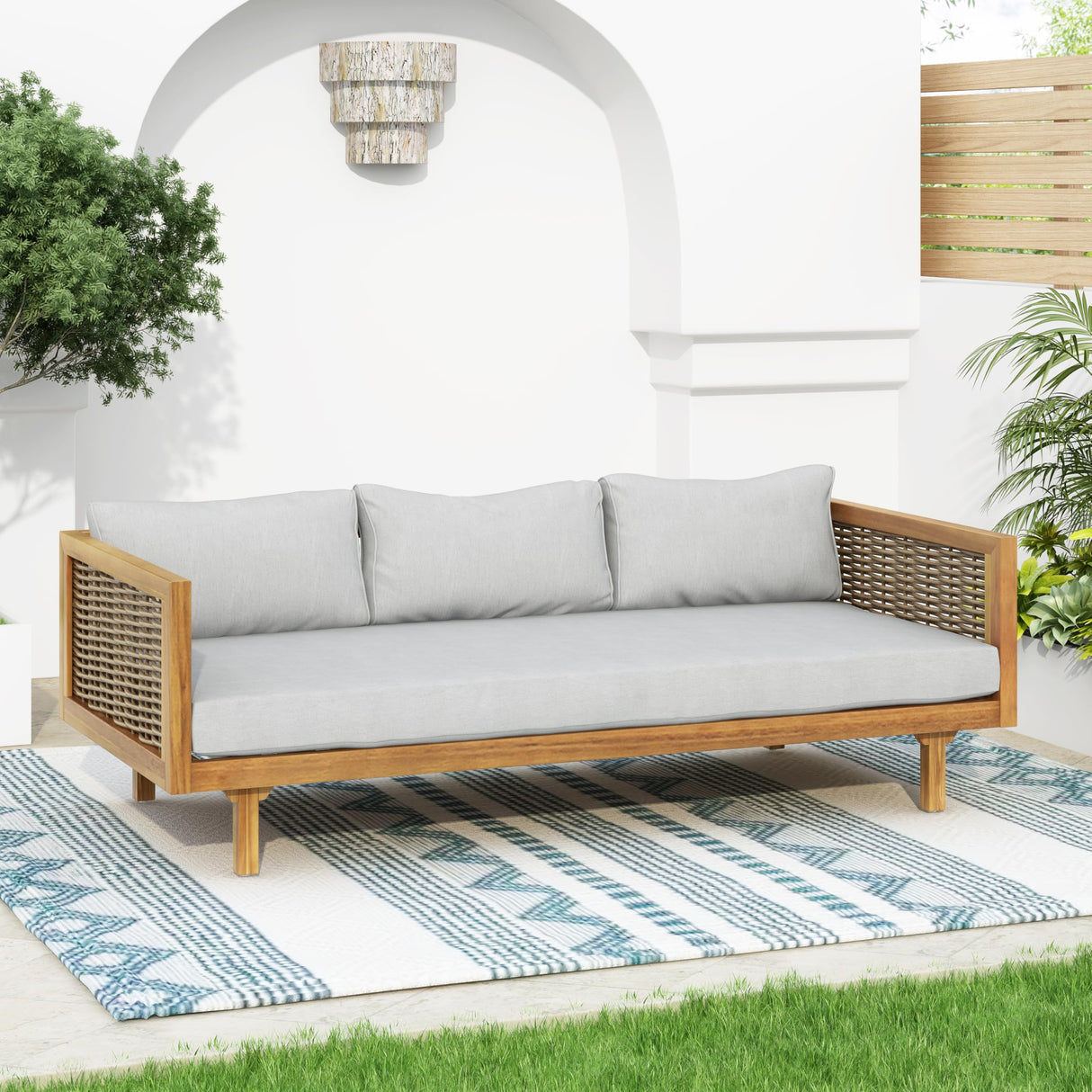 Merax 67.5" Outdoor Patio Daybed 3 Seater Sofa Bed,Acacia Wood Frame with Rattan Arm,Cushion & Pillow for Pool Merax