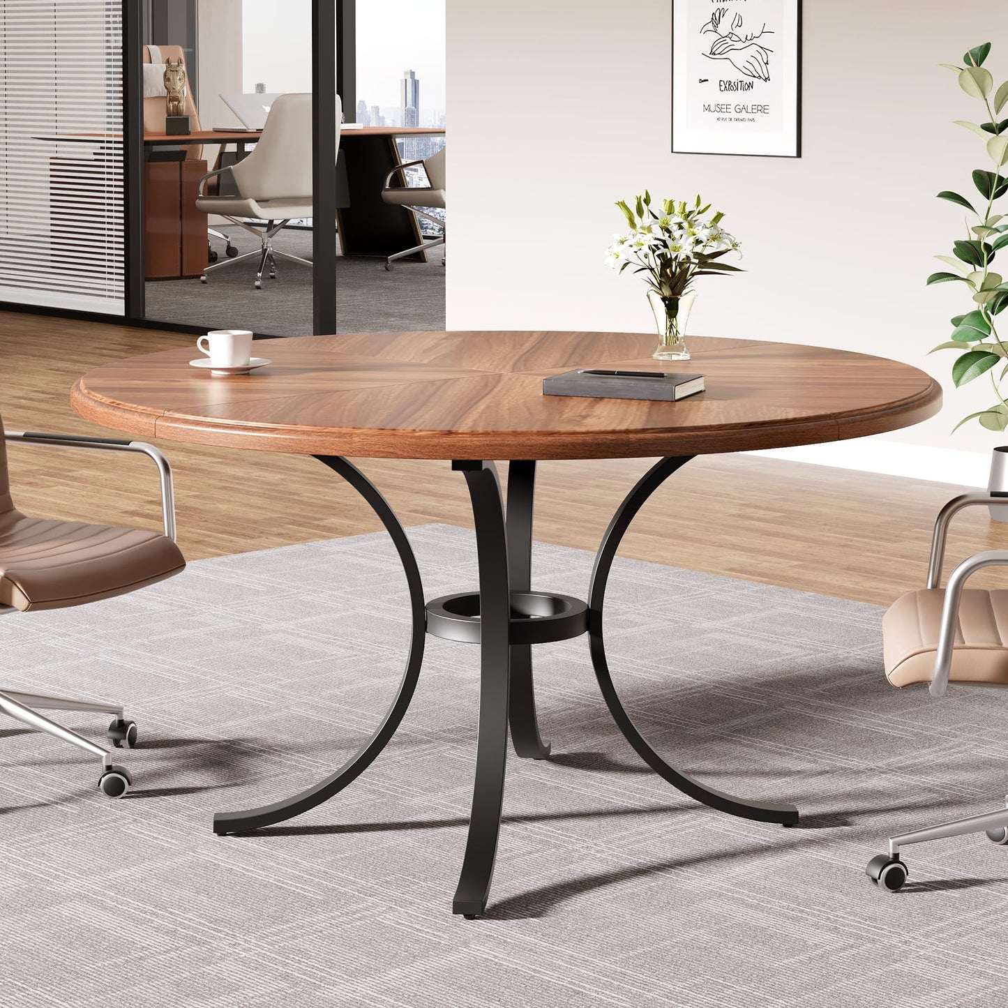 Tribesigns Round Conference Table, 47" Small Meeting Table with Wooden Texture Surface, Circle Business Seminar Table, Breakroom Table, Reception Negotiation for Office (Brown) - WoodArtSupply