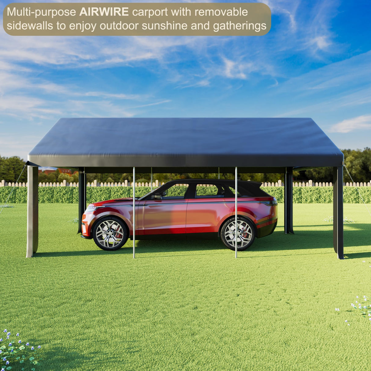 AirWire Carport 12' x 20' Heavy Duty Portable Garage, Carport Canopy with Side-Opening Door & Roll-Up Windows, Car Canopy Reinforced Four-Hole Base for Car, Truck, Boat, Party, Black AirWire