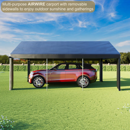 AirWire Carport 12' x 20' Heavy Duty Portable Garage, Carport Canopy with Side-Opening Door & Roll-Up Windows, Car Canopy Reinforced Four-Hole Base for Car, Truck, Boat, Party, Black - WoodArtSupply