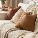 SINYASAN 18"x18" Tobacco Boucle Throw Pillow Covers with Faux Leather Accents Set of 2 Fluffy Textured Decorative Pillow Cases for Couch Bed Boho Farmhouse Square Cushion Covers for Nordic Home Décor SINYASAN