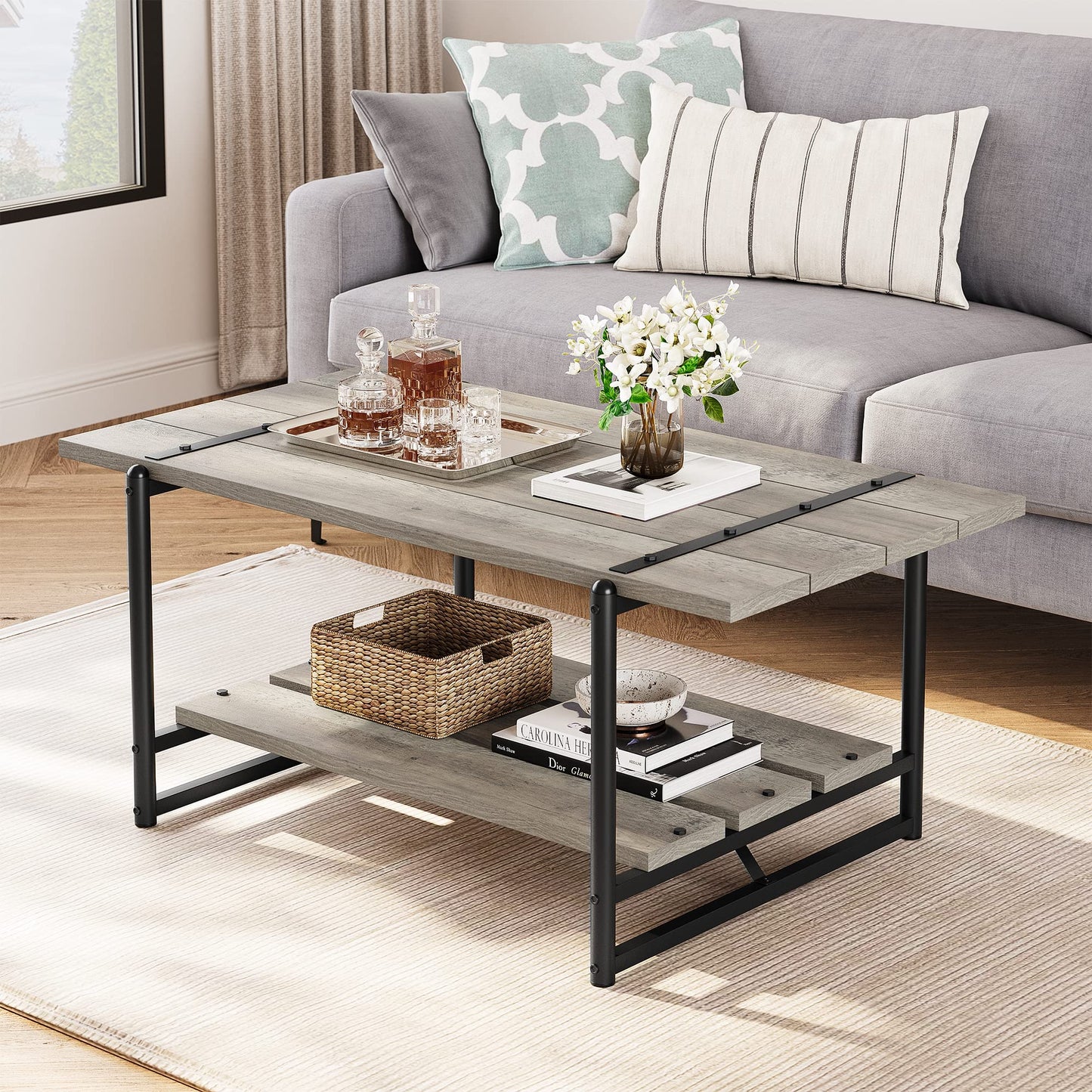 2-Tier Farmhouse 41'' Large Gray Wood Coffee Table with Storage Shelf -Modern Rustic Metal Rectangle Center Living Room Coffee Table Accent Furniture for Home Office,Easy Assembly(Grey)