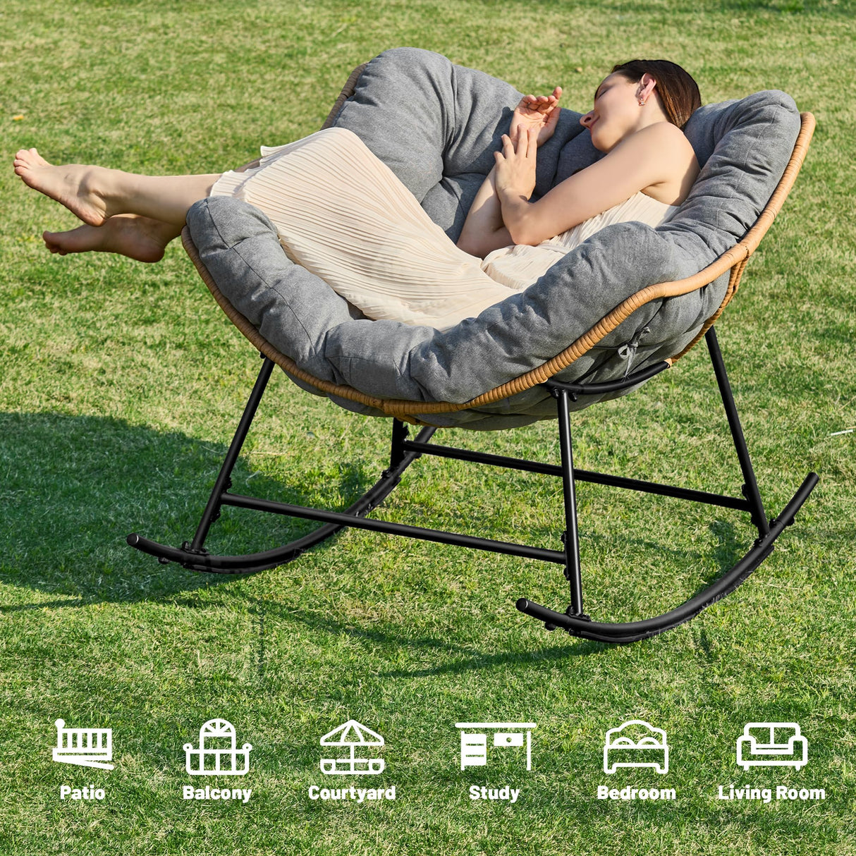 Halituny Outdoor Rocking Chair with Thick Cushion, Comfy Rattan Rocker Egg Chair Indoor with Straps, Patio Rocking Chair 450lbs for Garden, Balcony, Lawn, Backyard, Living Room, Bedroom, Dark Gray Halituny