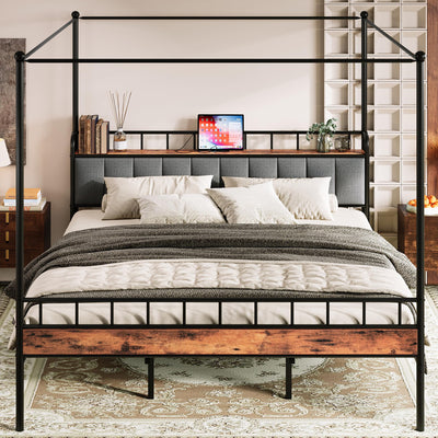 LIKIMIO Canopy Bed Frame King, Storage Headboard with Charging Station, Platform Bed with 4 Removable Sturdy Posts, Noise Free, No Box Spring Needed, Vintage Brown