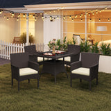 Yaheetech 5-Piece Patio Furniture Set, Outdoor Rattan 4 Dining Chairs & Tempered Glass Table with Umbrella Hole, for Garden Backyard Deck Balcony, Brown/Beige Yaheetech