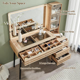 T4TREAM Fluted Makeup Vanity Desk with Large 35" HD Lighted Mirror, 48" Mid Century Modern Glass Top Vanity Table with 5 Drawers & Adjustable Shelf, Dressing Table w/Charging Station for Bedroom T4TREAM