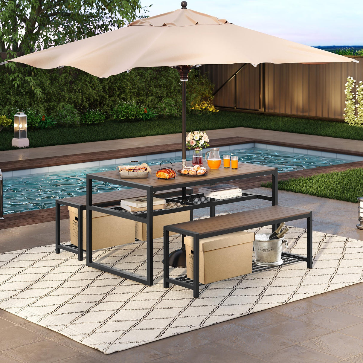 YITAHOME Patio Dining Set for 4-6 People, Outdoor Table and Bench Chairs with 2" Umbrella Hole and Storage Hollow Shelf, Picnic Conversation Set with 2 Benches for Garden Yard Porch, Brown YITAHOME