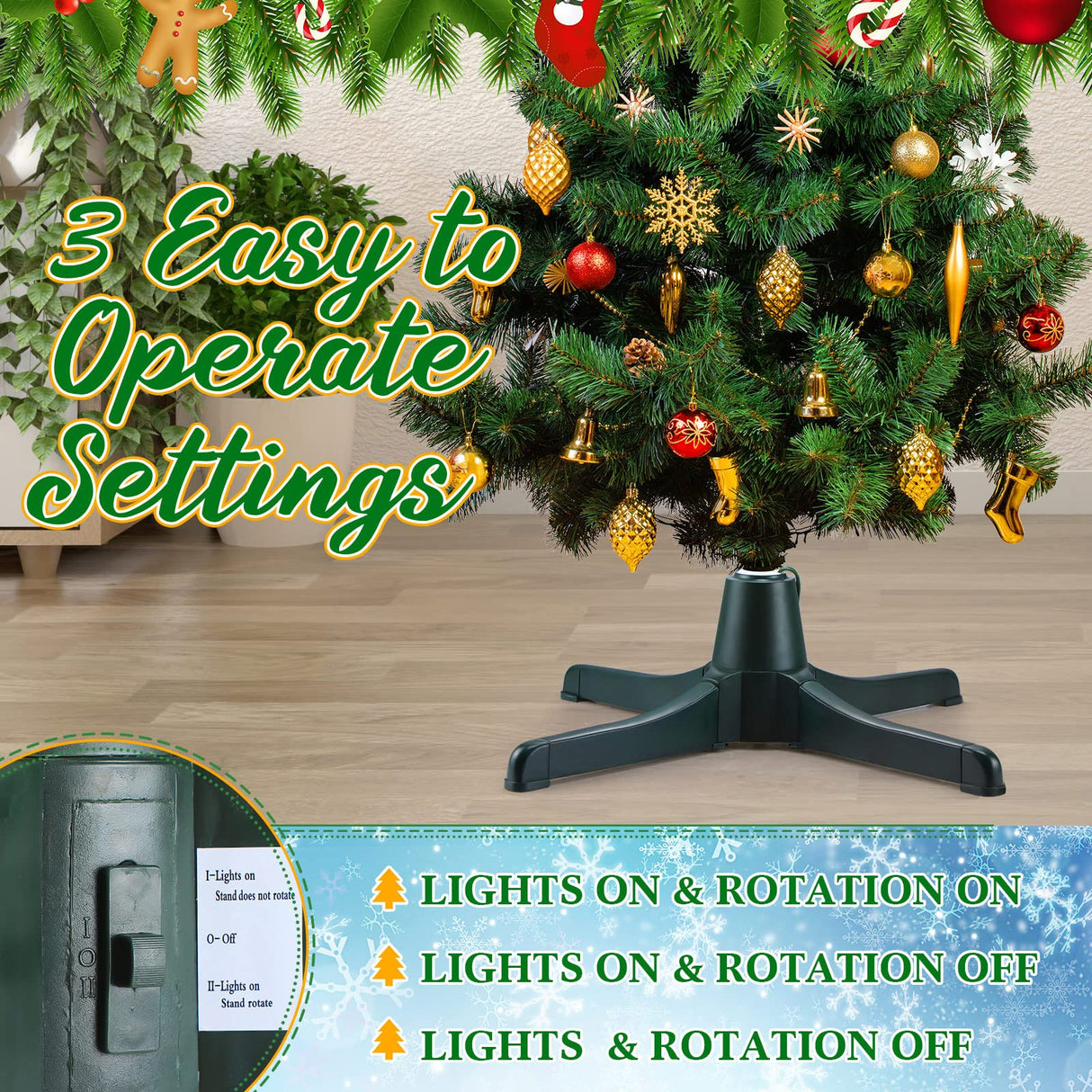 360 Degree Rotating Christmas Tree Stand for up to 7.5ft Artificial Tree Rotating Tree Stand Black Tree Revolving Stand Christmas Tree Turning Stand Xmas Tree Bases with 3 Built in Electrical Outlets Roowest