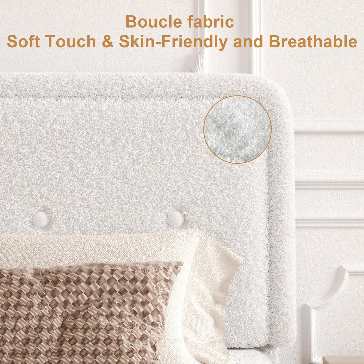 viplov King Size Boucle Bed Frame, Upholstered Platform Bed Frame with Adjustable Headboard, Anti-Collision Soft Rounded Corners, No Box Spring Needed, Easy Assembly, Noise Free, White viplov