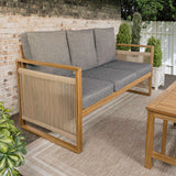JONATHAN Y SFB1002B Gable 3-Seat Mid-Century Modern Roped Acacia Wood Outdoor Sofa with Cushions Scandinavian, Classic, Transitional, Industrial for Backyard, Patio, Porch, Gray/Teak Brown JONATHAN Y