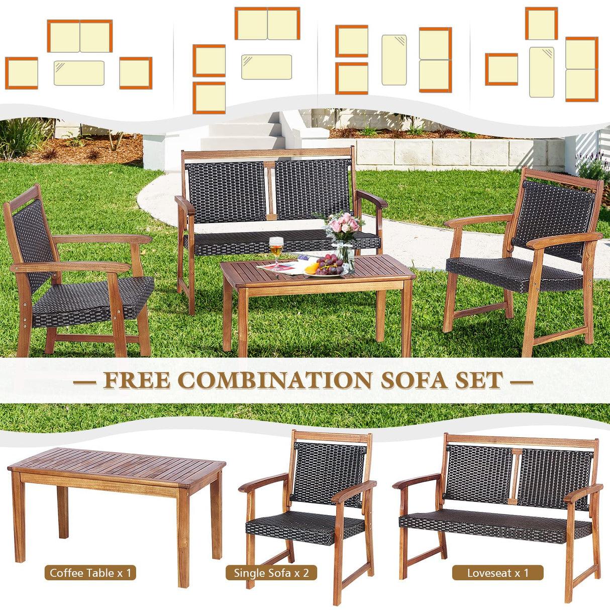 Tangkula 4 Pieces Patio Rattan Conversation Set with Acacia Wood Frame, Patiojoy Outdoor Furniture Set with Chairs & Coffee Table, Sectional Furniture Set for Garden, Backyard, Poolside Tangkula