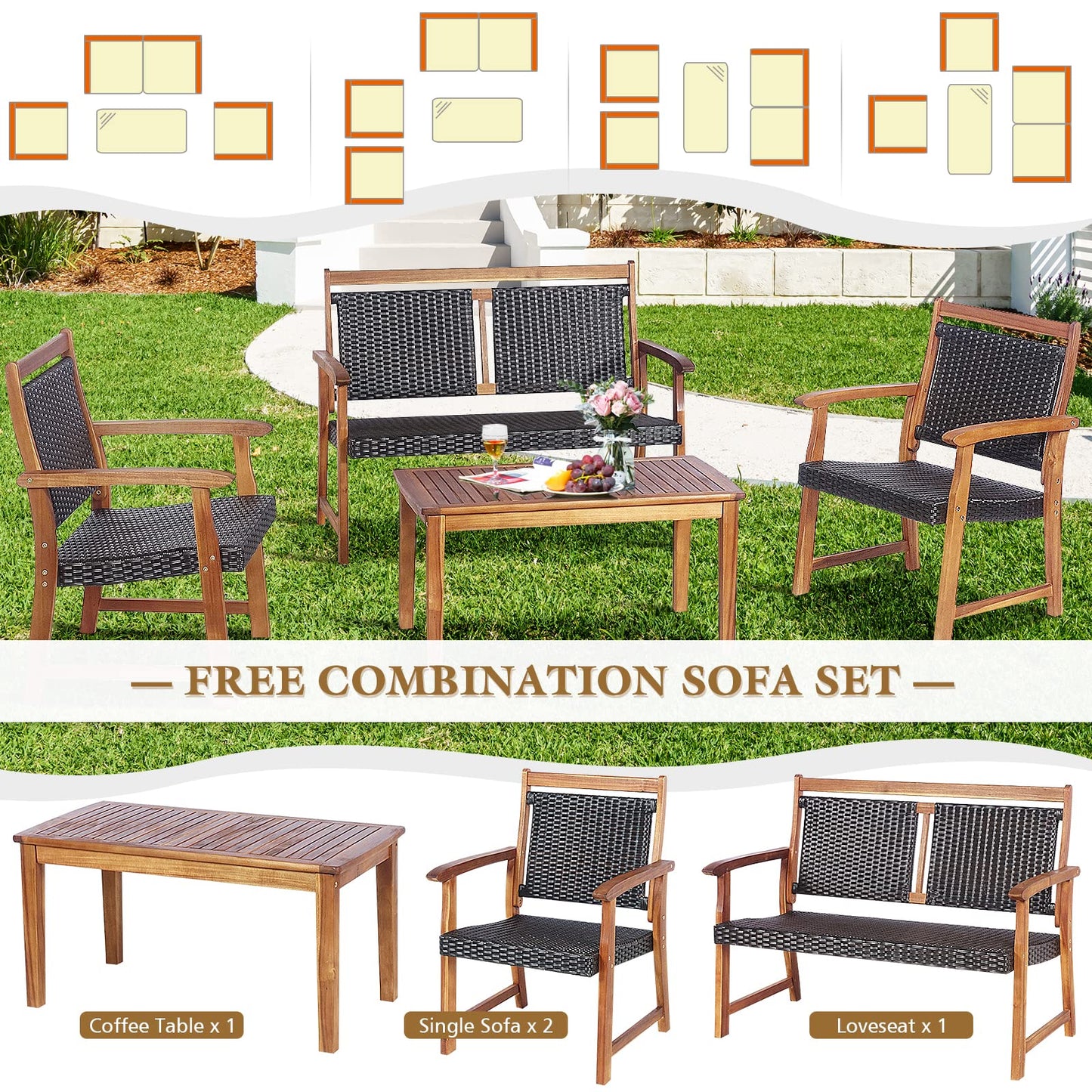 Tangkula 4 Pieces Patio Rattan Conversation Set with Acacia Wood Frame, Patiojoy Outdoor Furniture Set with Chairs & Coffee Table, Sectional Furniture Set for Garden, Backyard, Poolside