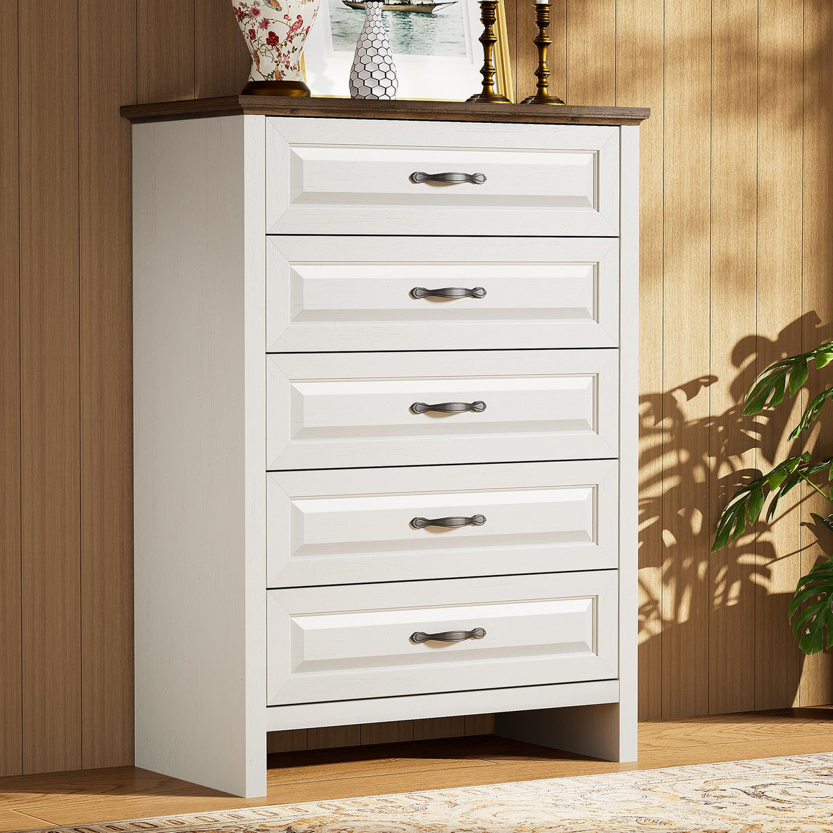 Amada 5 Drawer Dresser for Bedroom with Wood Drawers, Supports up to 22 lbs per Drawer, Anti-Tip Design for Safety, 5 Farmhouse Dresser Drawer Unit for Bedroom, Nursery, Living Room, Brown and White AMADA HOMEFURNISHING