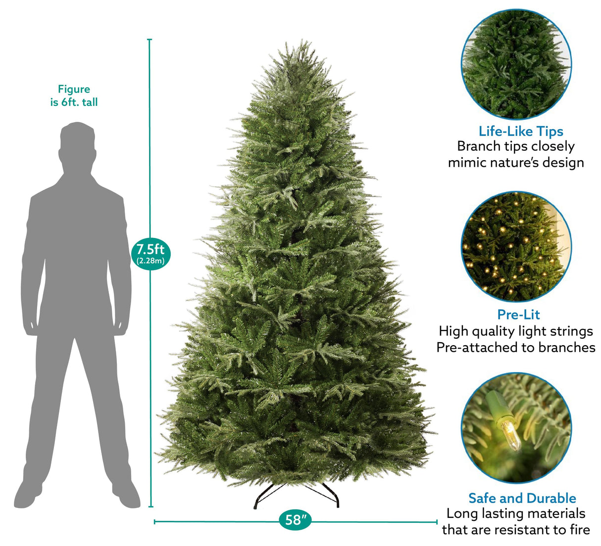 Camden 7.5ft Prelit Artificial Christmas Tree with Foot Pedal, 2755 Branch Tips, 600 Warm Lights and Metal Stand, 58" Wide Realistic Hinged Christmas Tree with Lights by Naomi Home Naomi Home