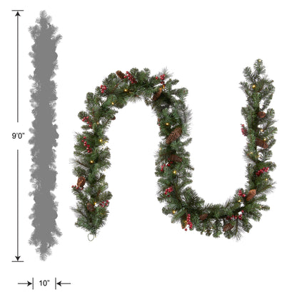 National Tree Company Pre-Lit Artificial Christmas Garland, Green, Crestwood Spruce, White Lights, Decorated with Pine Cones, Berry Clusters, Battery Operated, Christmas Collection, 9 Feet