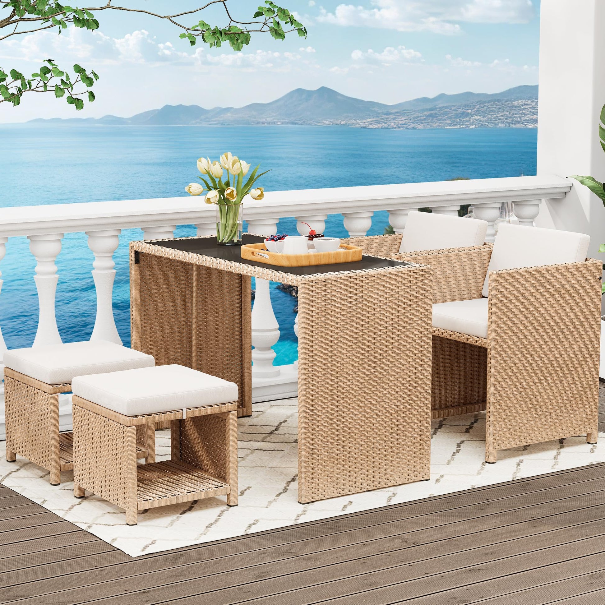 YITAHOME Light Yellow 5-Piece All-Weather Wicker Outdoor Bar Set with Tempered Glass Tabletop - WoodArtSupply