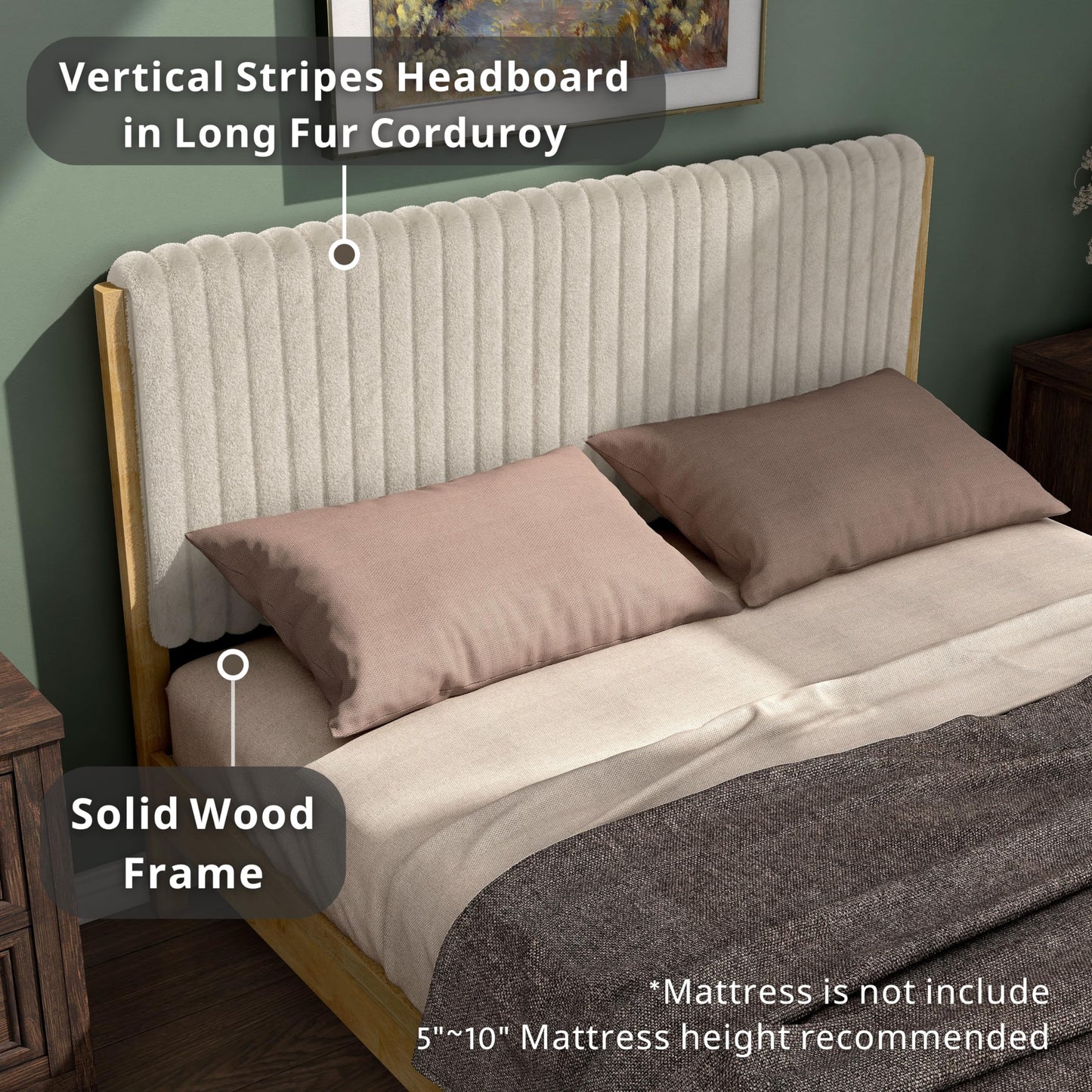 Evadne Modern Corduroy Queen Bed Frame with Tufted Headboard and Solid Wood Slats by HOMES: Inside + Out - WoodArtSupply