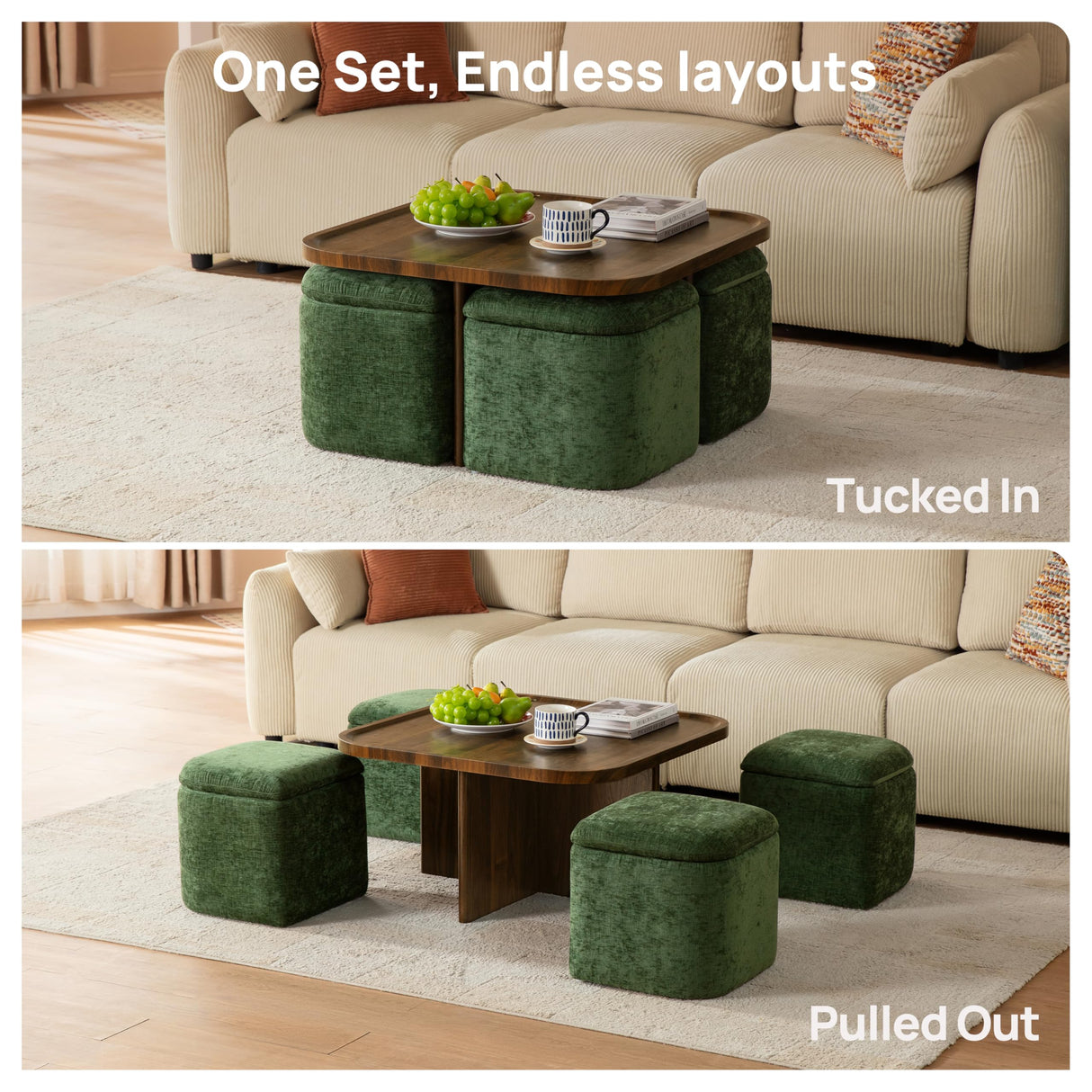 CHIC HOUSE Small Square Coffee Table with Storage, Mid-Century Modern Coffee Tables with 4 Chenille Ottomans Underneath, Center Table for Living Room, Apartment Small Space, Walnut CHIC HOUSE