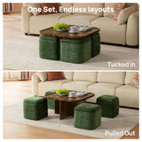CHIC HOUSE Small Square Coffee Table with Storage, Mid-Century Modern Coffee Tables with 4 Chenille Ottomans Underneath, Center Table for Living Room, Apartment Small Space, Walnut CHIC HOUSE