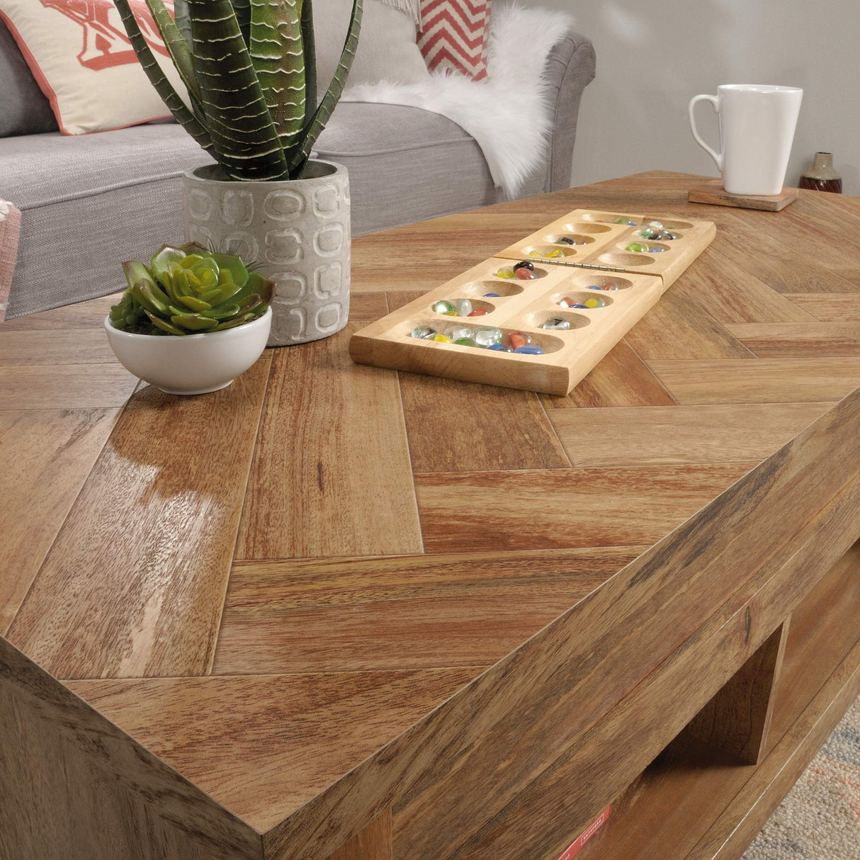 Sauder Cannery Bridge Lift Top Coffee Table, L: 43.15" x W: 19.45" x H: 19.02", Sindoori Mango finish Sauder