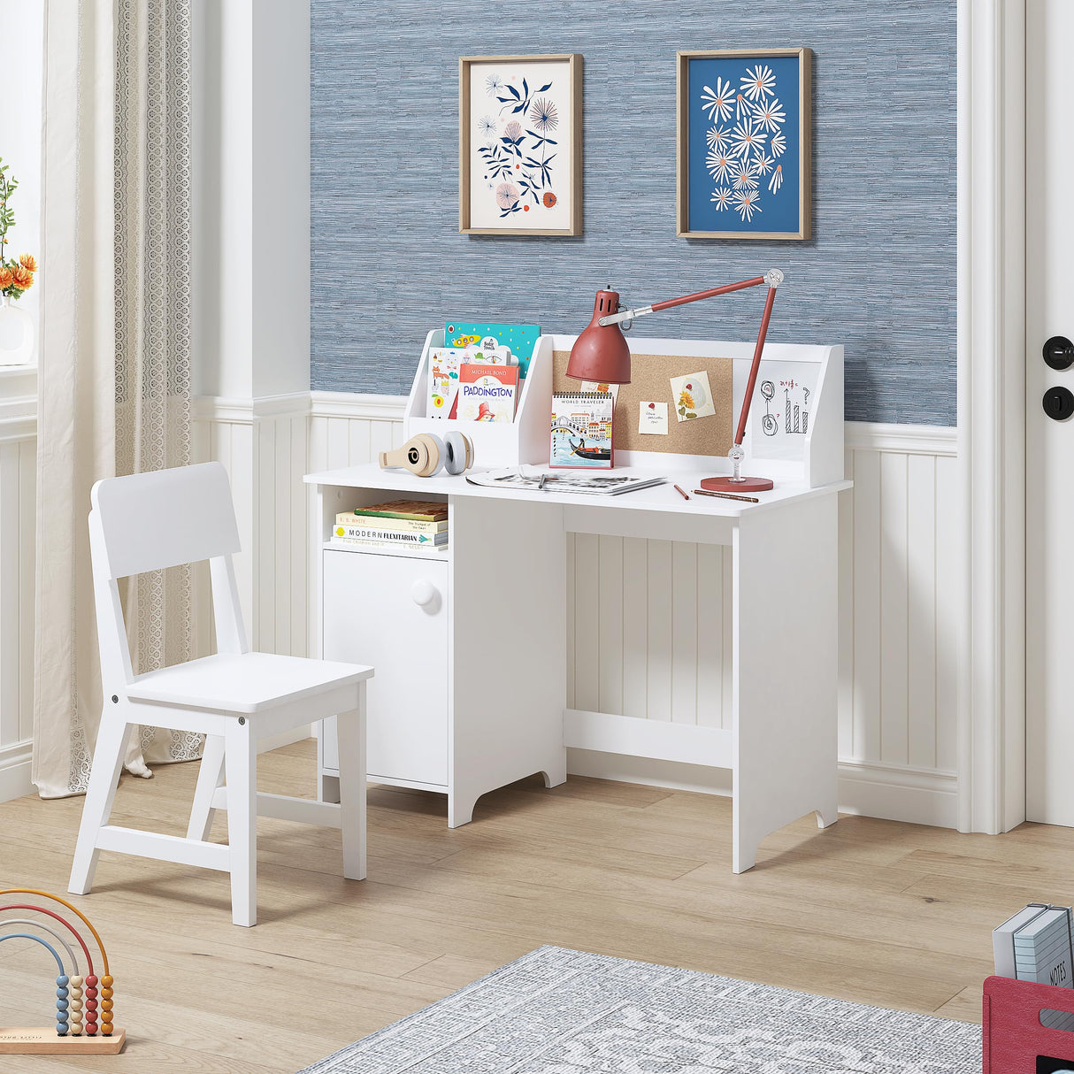 UTEX Kids Study Desk with Chair, Wooden Children School Study Table with Hutch and Chair for 3-8 Years Old, Student's Study Computer Workstation & Writing Table for Home School Use UTEX