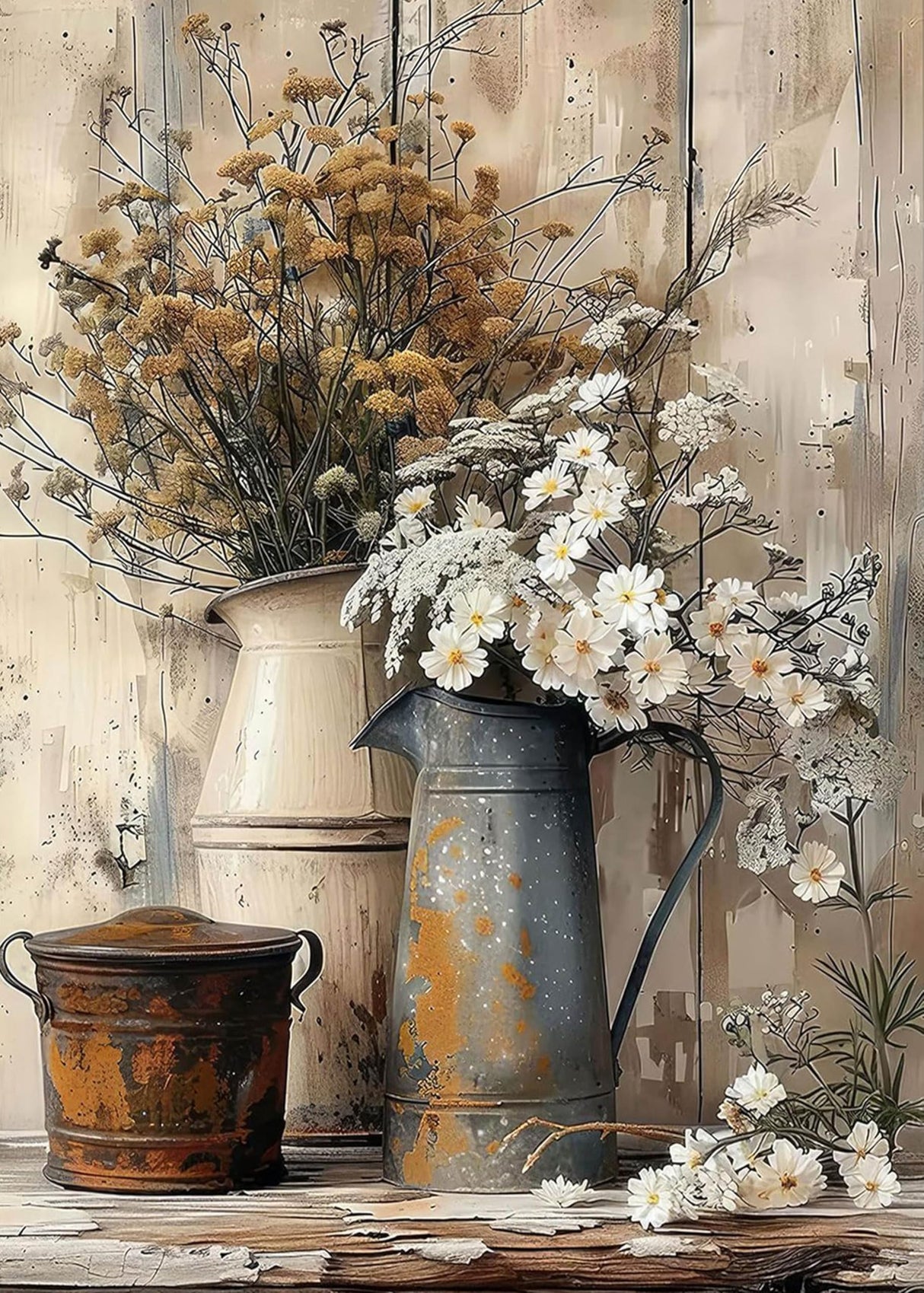 Dlylust Rustic Flower Diamond Art Painting Kits for Adults - Full Drill Diamond Dots Paintings for Beginners, Round 5D Paint with Diamonds Pictures Gem Art Painting Kits DIY Crafts Kits 12x16inch Dlylust