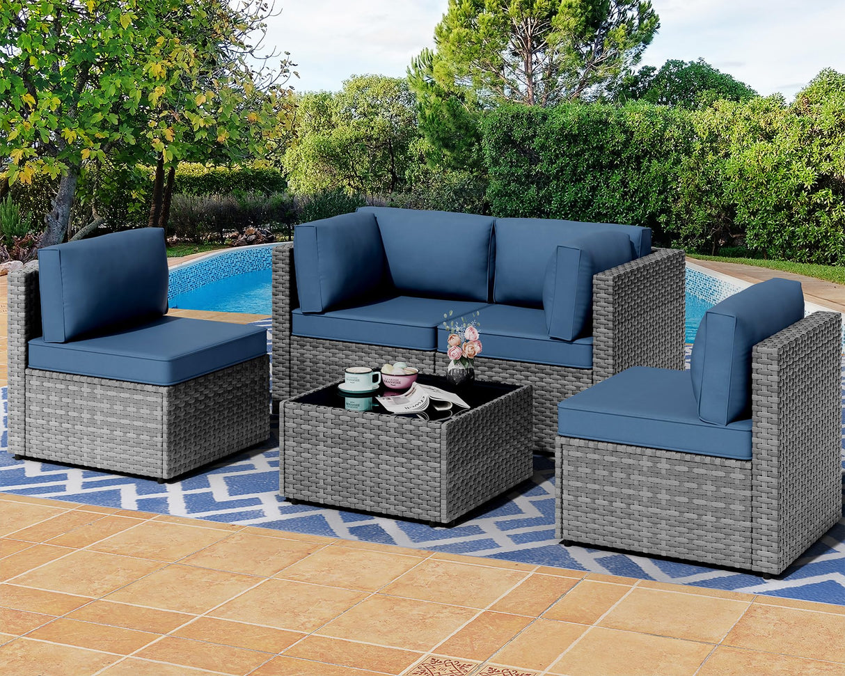 Shintenchi 5 Pieces Outdoor Patio Furniture Sets, Patio Sectional Sofa Couch, Furniture Modular Patio Conversation Sets Patio Sofa with Coffee Table (Aegean Blue) Shintenchi