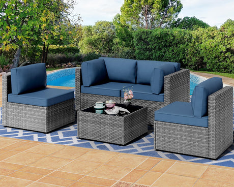 Shintenchi 5 Pieces Outdoor Patio Furniture Sets, Patio Sectional Sofa Couch, Furniture Modular Patio Conversation Sets Patio Sofa with Coffee Table (Aegean Blue) Shintenchi