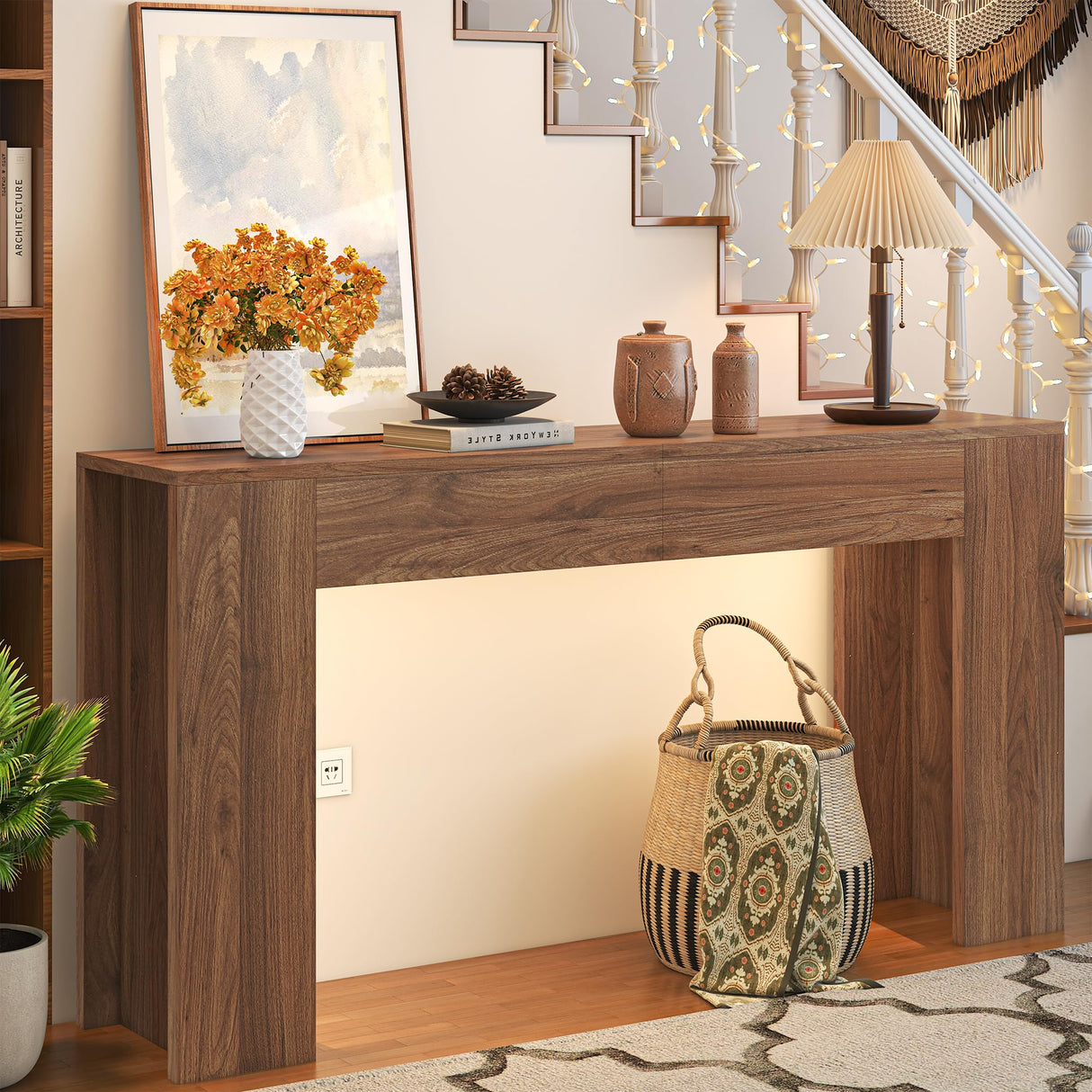 knoworld 63-Inch Long Console Table with LED Light, Farmhouse Sofa Table Behind Couch, Wooden Console Table for Entryway, Hallway, Entrance, Living Room knoworld