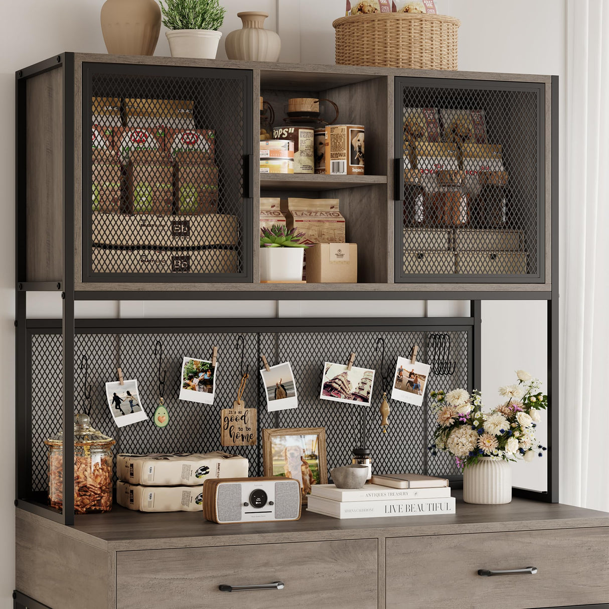 HITHOS 71" Tall Dog Crate Furniture, Indoor Dog Kennel with Hutch, 42" W Dog Cage for Large/Medium Dogs, Wood Dog Crates with 2 Storage Drawers, Heavy Duty Pet House, Ash Grey HITHOS